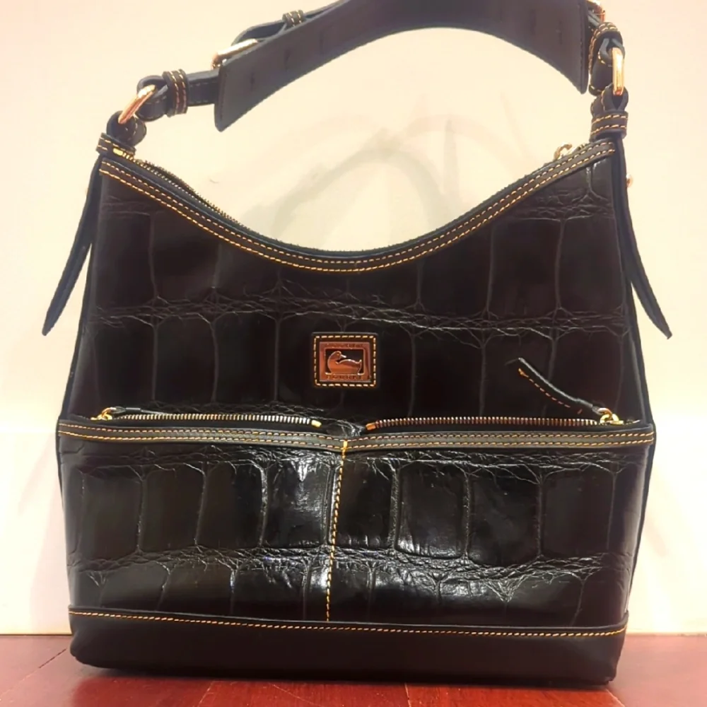 Dooney & Bourke Black Croc-Embossed Hobo Bag With Gold Hardware Like New